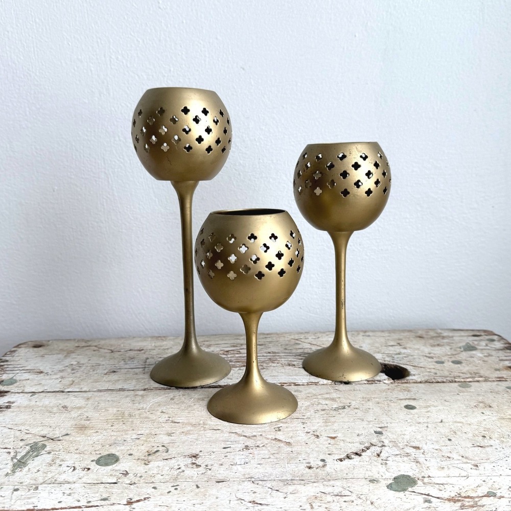 Vintage Brass Goblet Candle Holder Set of 3 Clover Cutout Gold Made in India